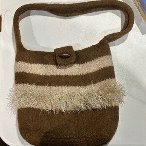 Wool Brown and Cream Striped Fuzzy Shoulder Bag